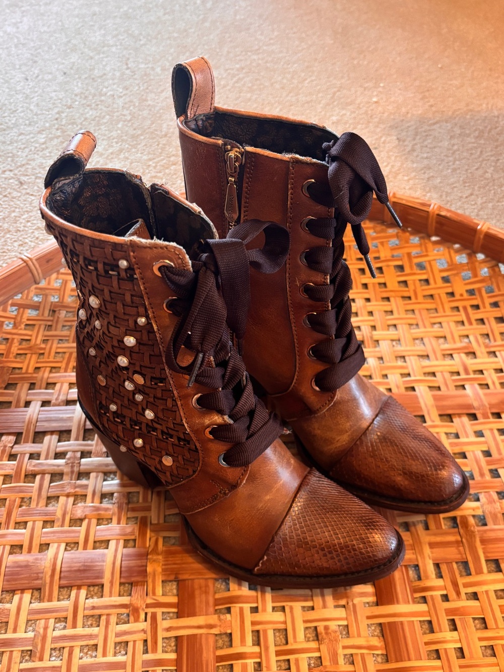 Cuadra Leather and Snakeskin Heeled Boots